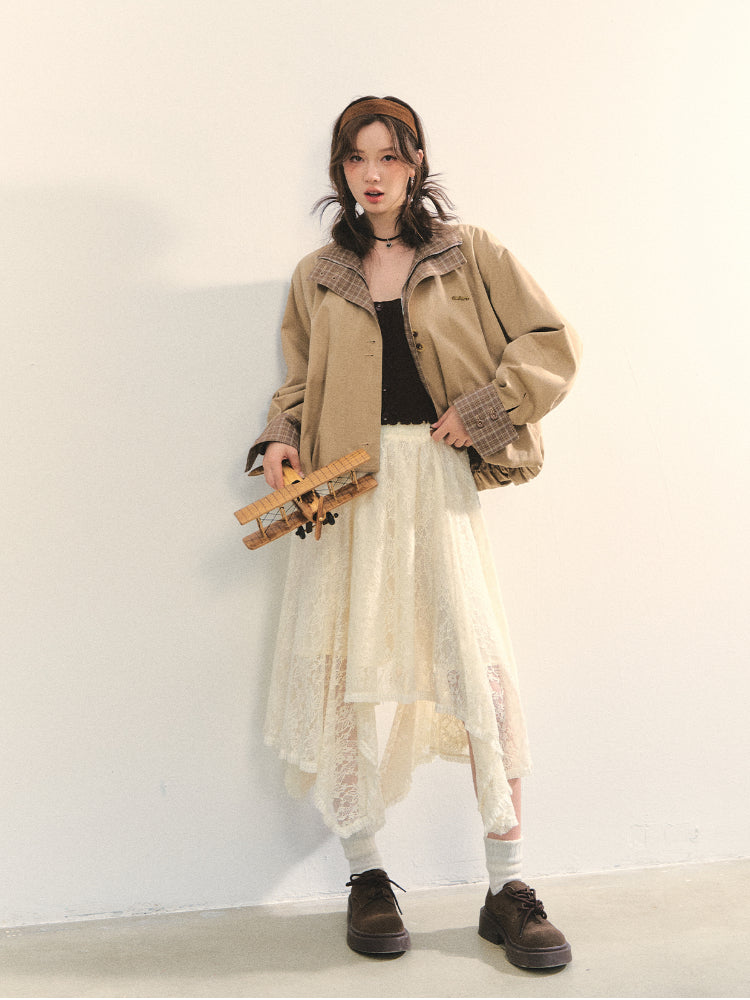 Beige Lace Irregular Hem Midi Skirt - CHINASQUAD
