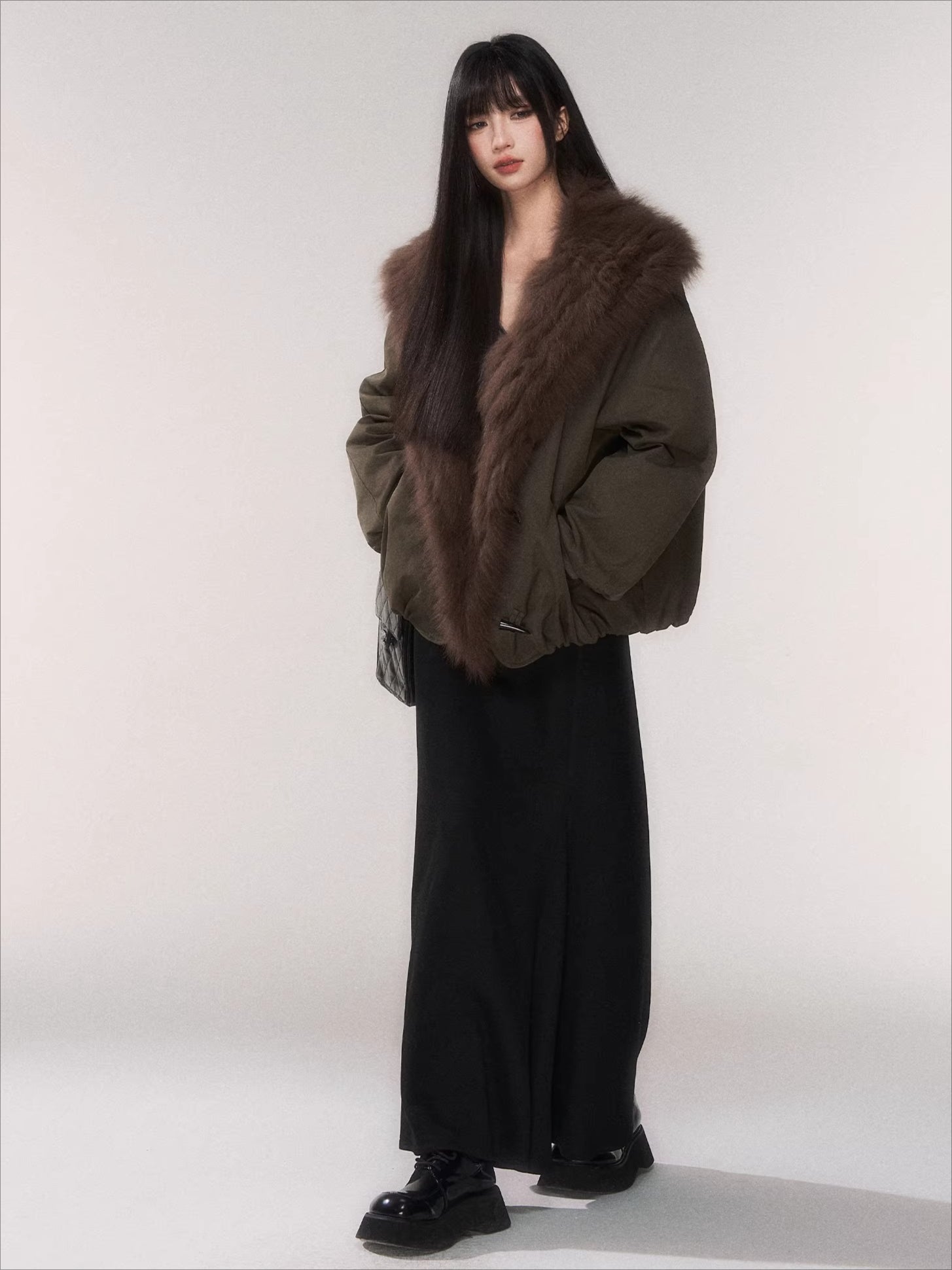 Fur Collar Goose Down Cropped Puffer Jacket