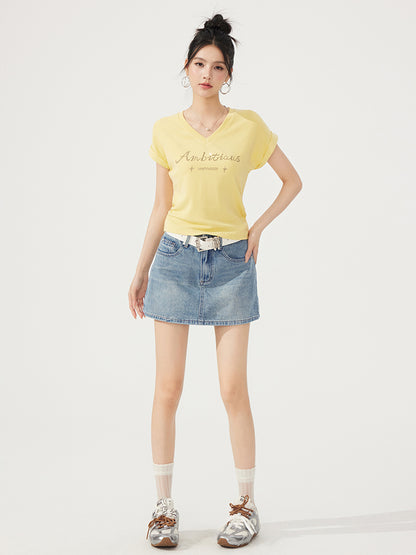 V-neck Waist-cinching Rhinestone Tee - CHINASQUAD