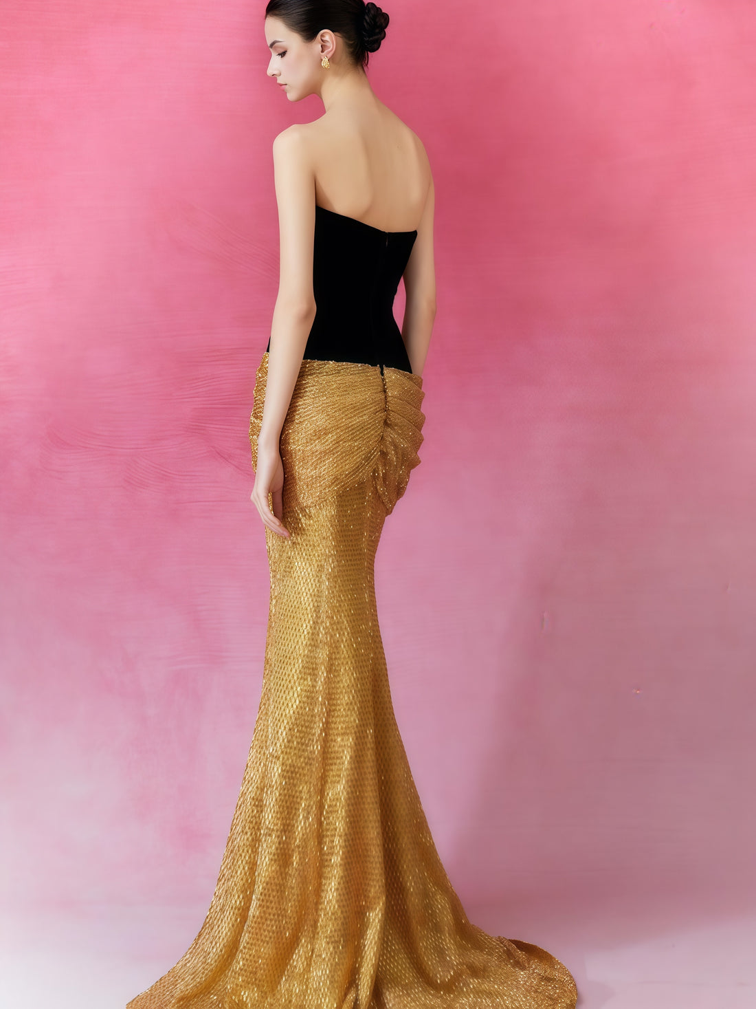 Floral Embroidered Velvet &amp; Gold Sequin Mermaid Gown