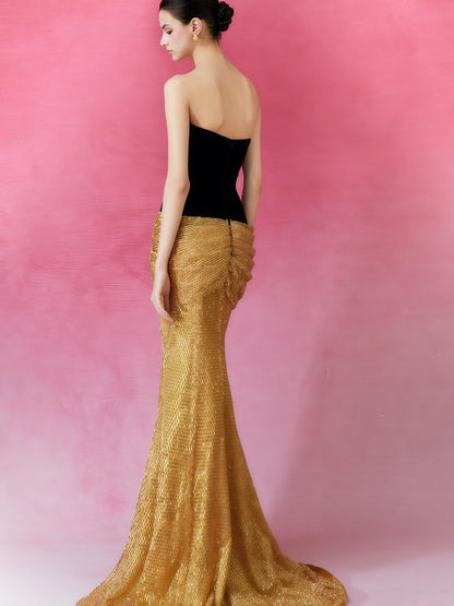 Floral Embroidered Velvet &amp; Gold Sequin Mermaid Gown