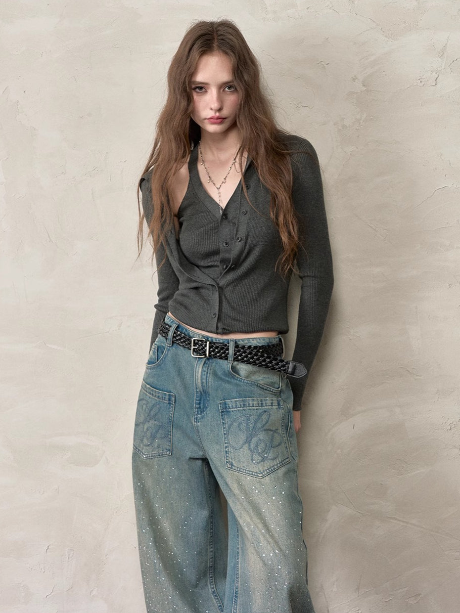 Layered Placket Faux Two-Piece Knit Cardgian