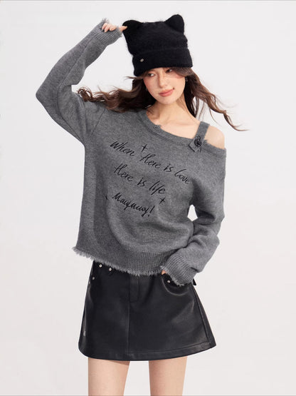 Deconstructed Off-Shoulder Embroidered Knit Sweater
