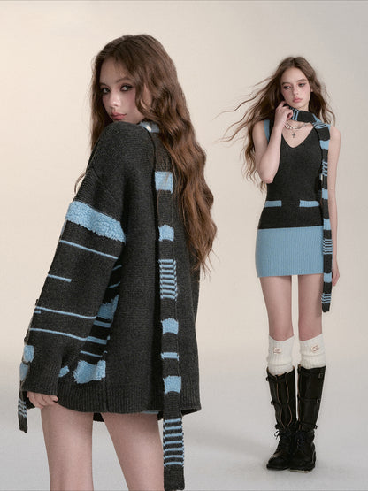 Color-block Knit Cardigan Dress &amp; Scarf Set