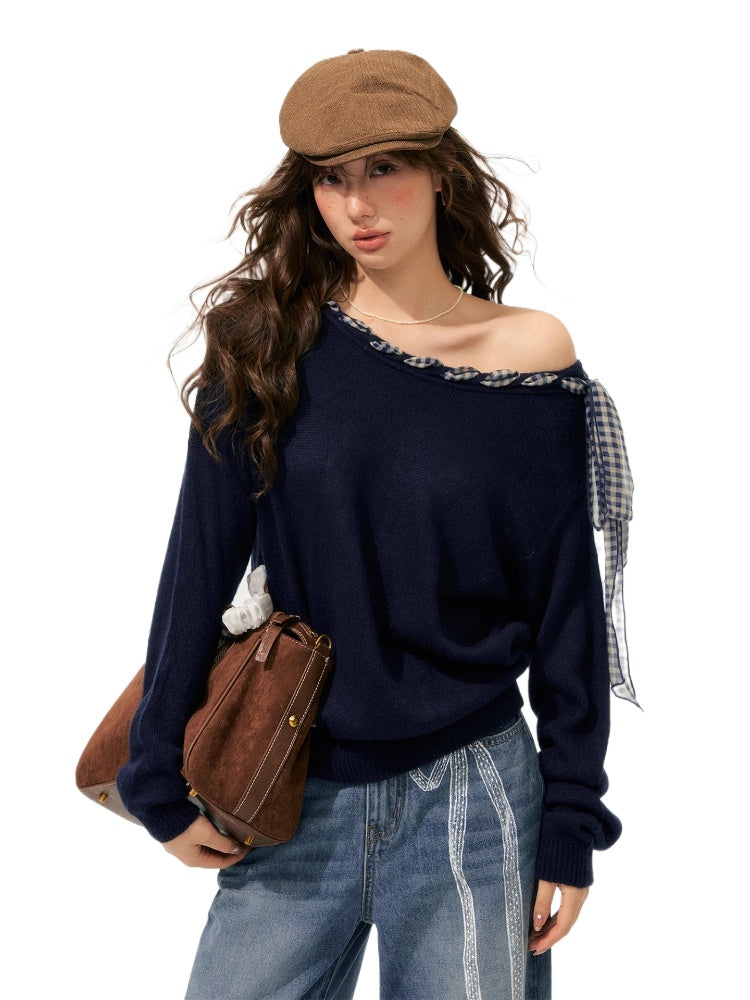Tie-Up Off-Shoulder Knit Crewneck