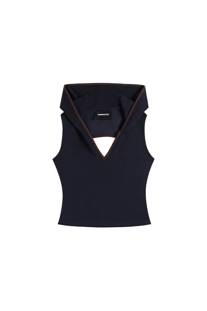 V-Cutout Hooded Sleeveless Trim Top In Dark Blue