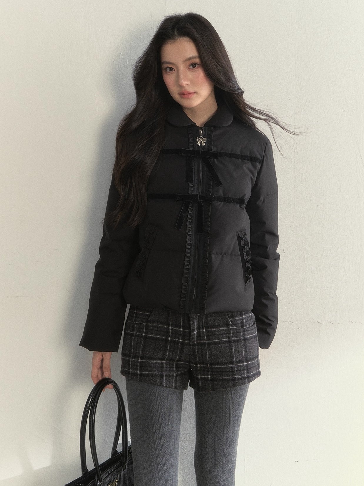 Velvet Bow Trim Down Jacket