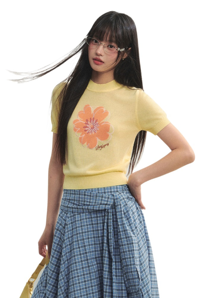 Floral Embroidered Crew Neck Short-Sleeve Knit Top - CHINASQUAD