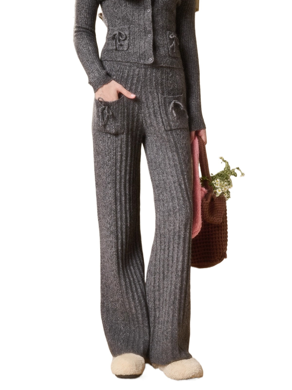 Velvet Bunny Wool Cloud Off-Shoulder Knit Cardigan &amp; Wide-Leg Pants Set