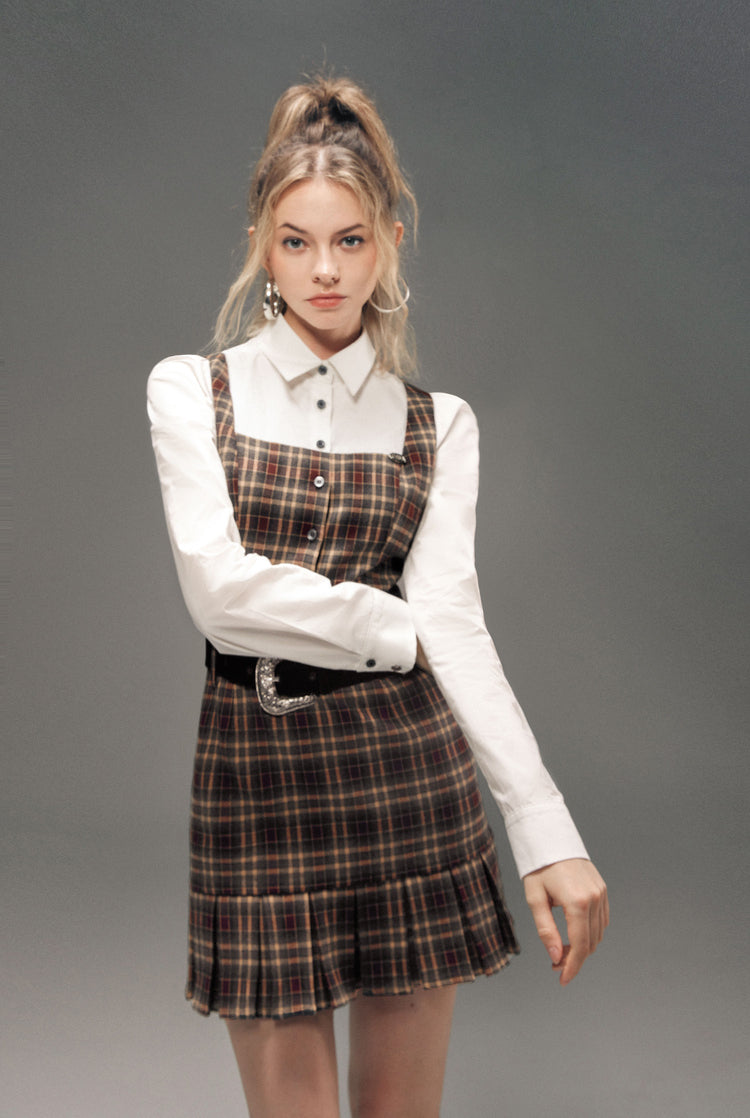 Plaid Faux Two-Piece Bubble Sleeve Shirt Dress - CHINASQUAD