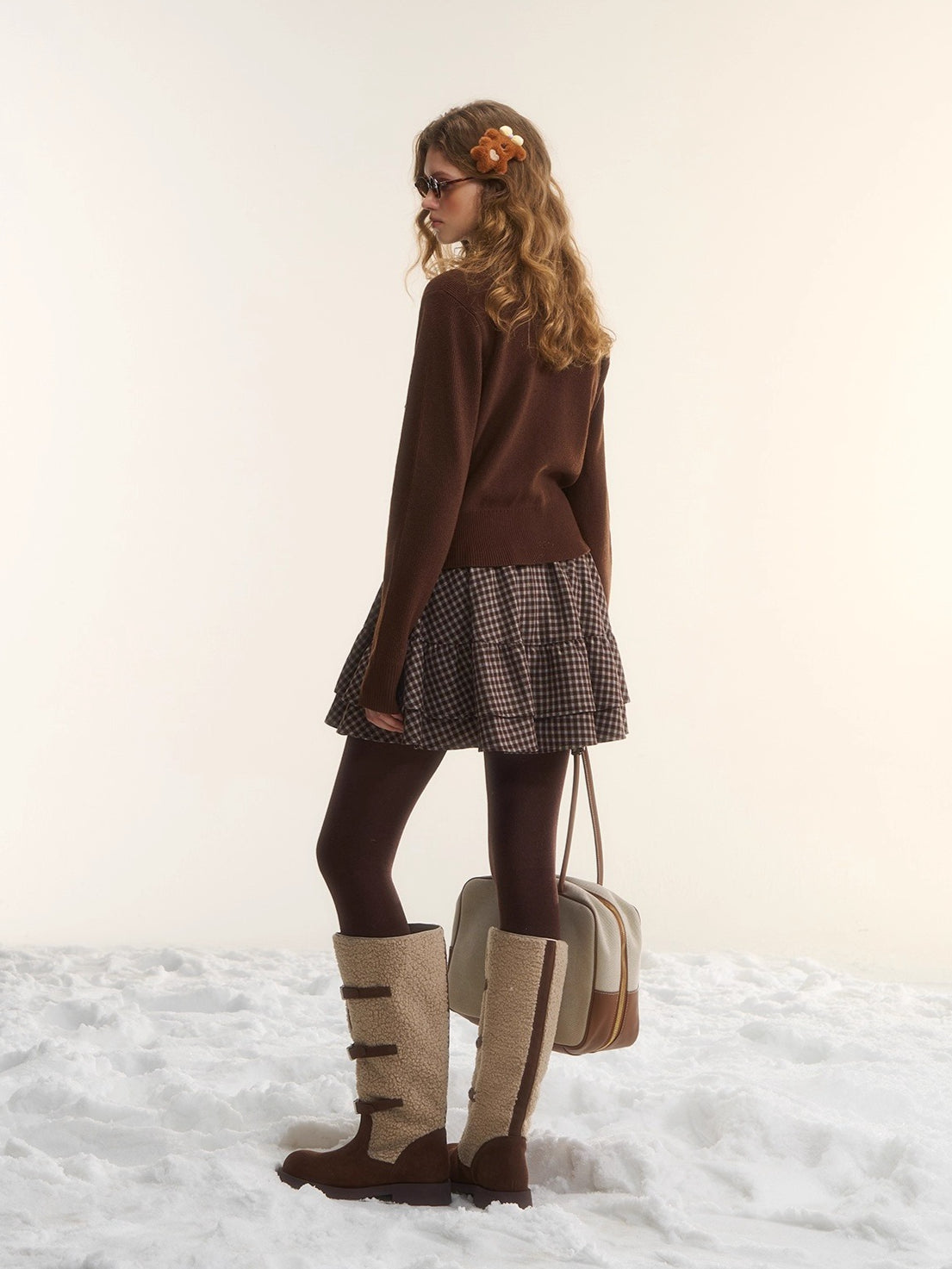 Wool-Blend Plaid Patchwork Knit Crewneck