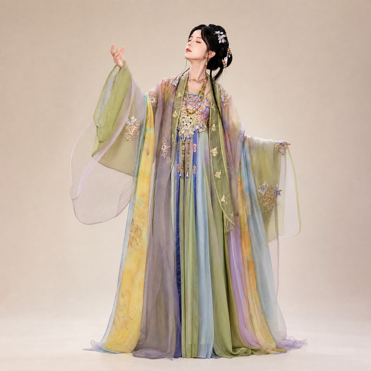 Baoxiang embroidered Hanfu in lilac, pale blue and lime layers.