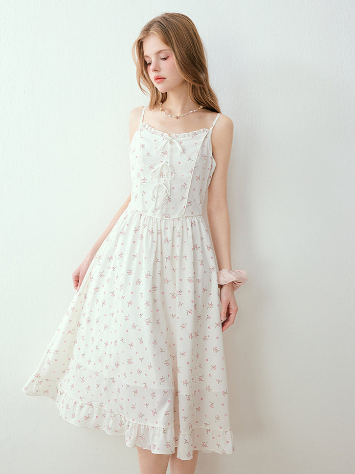 White Floral Bow Tie-strap Dress