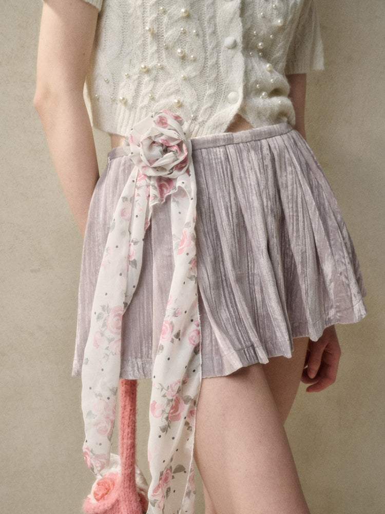 Velvet Floral Pleated Skirt