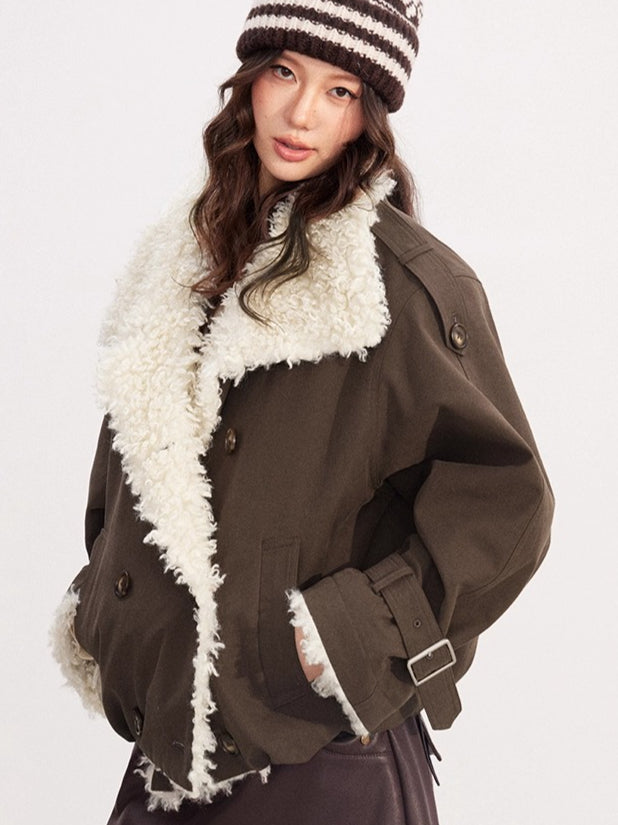 Faux-Shearling Panel Quilted Short Jacket