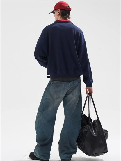 Contrast Panel Embroidered Polo Sweatshirt