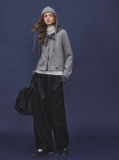 Wool-Blend Plaid Patchwork Knit Cardigan