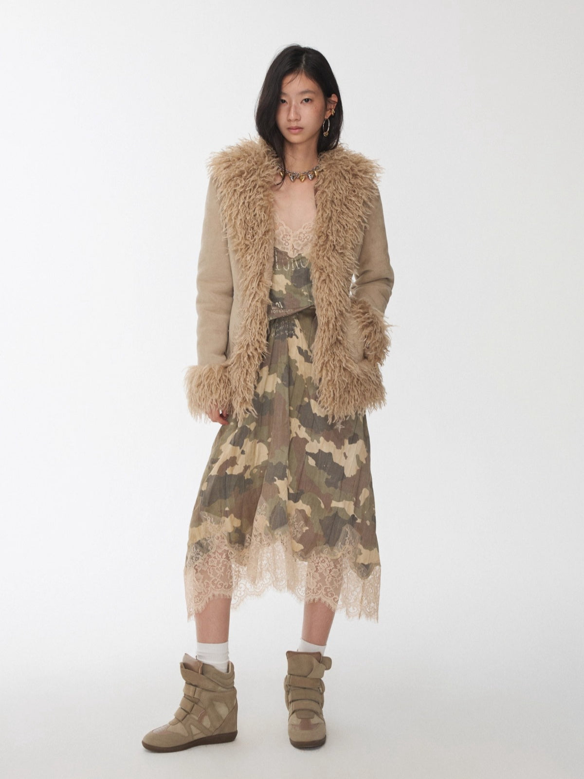 Suede Shearling Embroidered Panel Jacket