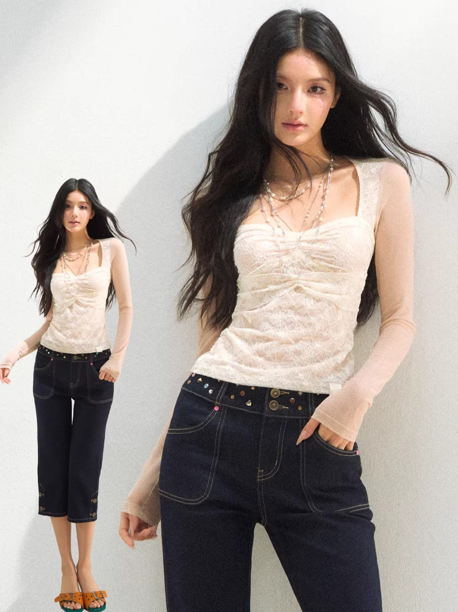 Lace Mesh Ruched Long Sleeve T-Shirts