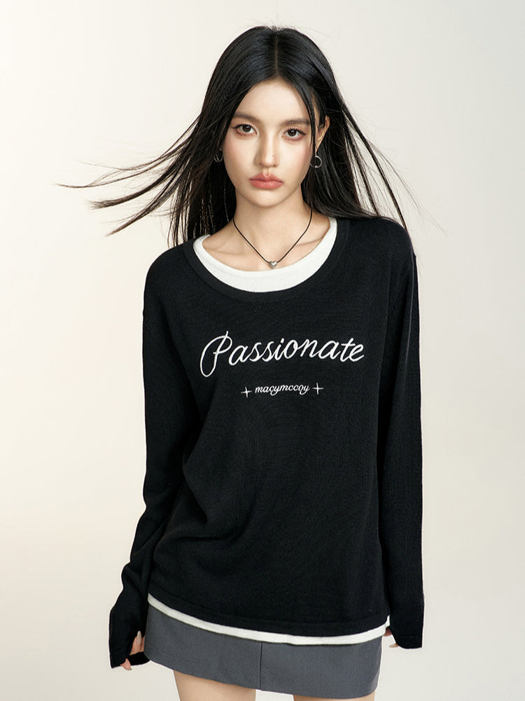 Black Crewneck Letter Embroidered Sweater