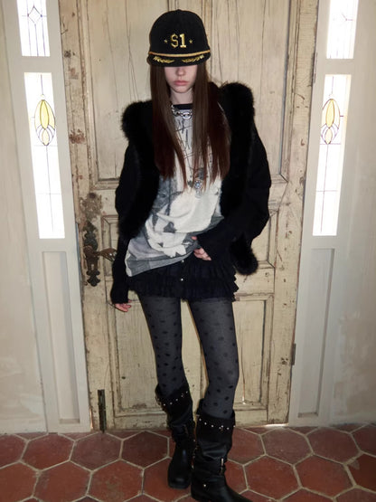 Vintage Mohair-Blend Fur-Trim Knit Cardigan