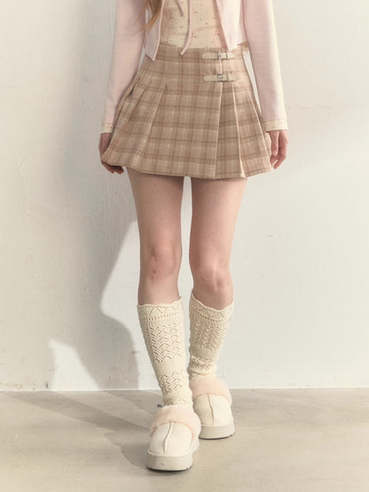 Vintage Plaid Wool Leather Buckle Pleated Skirt