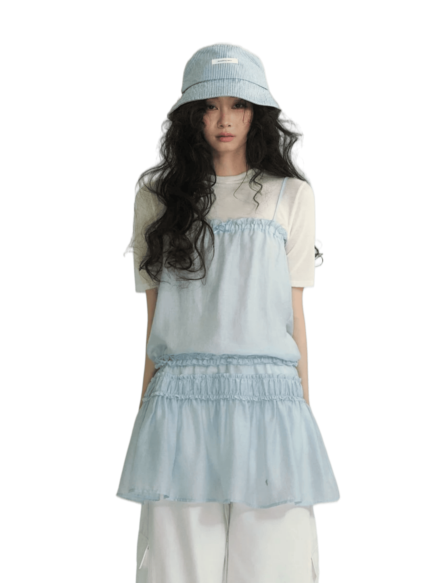 Layered Ruffle Strap Dress &amp; Sheer High-Neck Tee Set