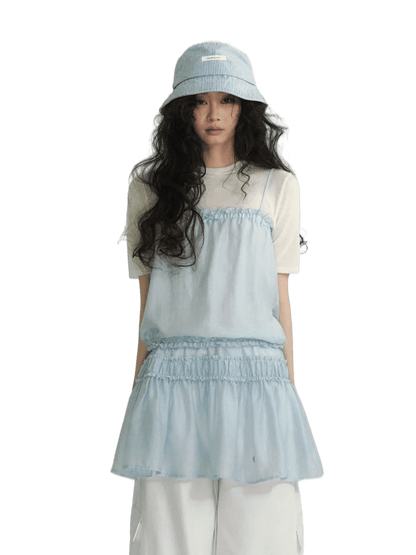 Layered Ruffle Strap Dress &amp; Sheer High-Neck Tee Set