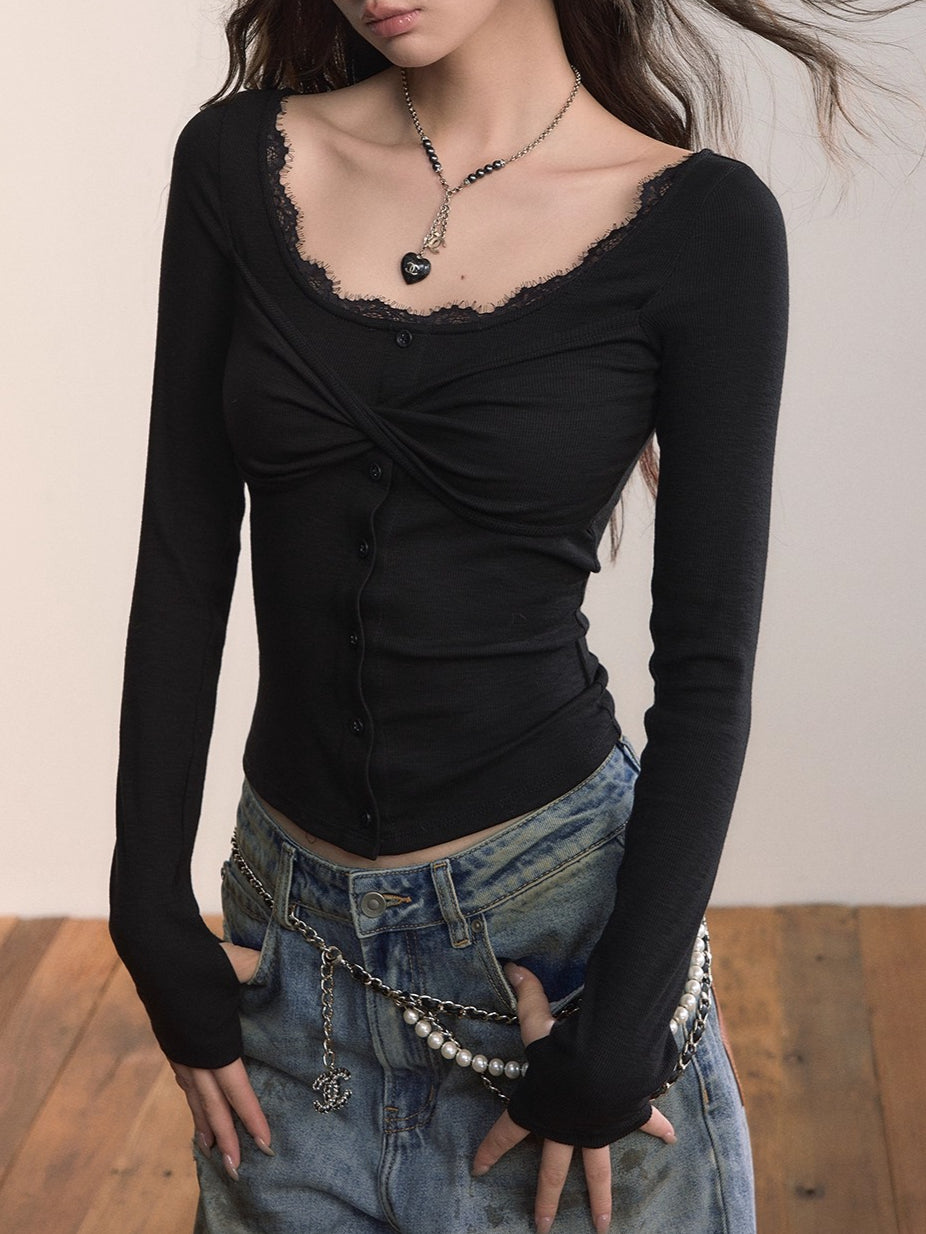 Lace Trim Button-Up Fitted Long Sleeve T-Shirt