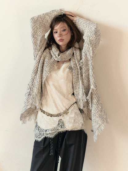 Frayed Edges Wool Mid-Length Knit Cardigan