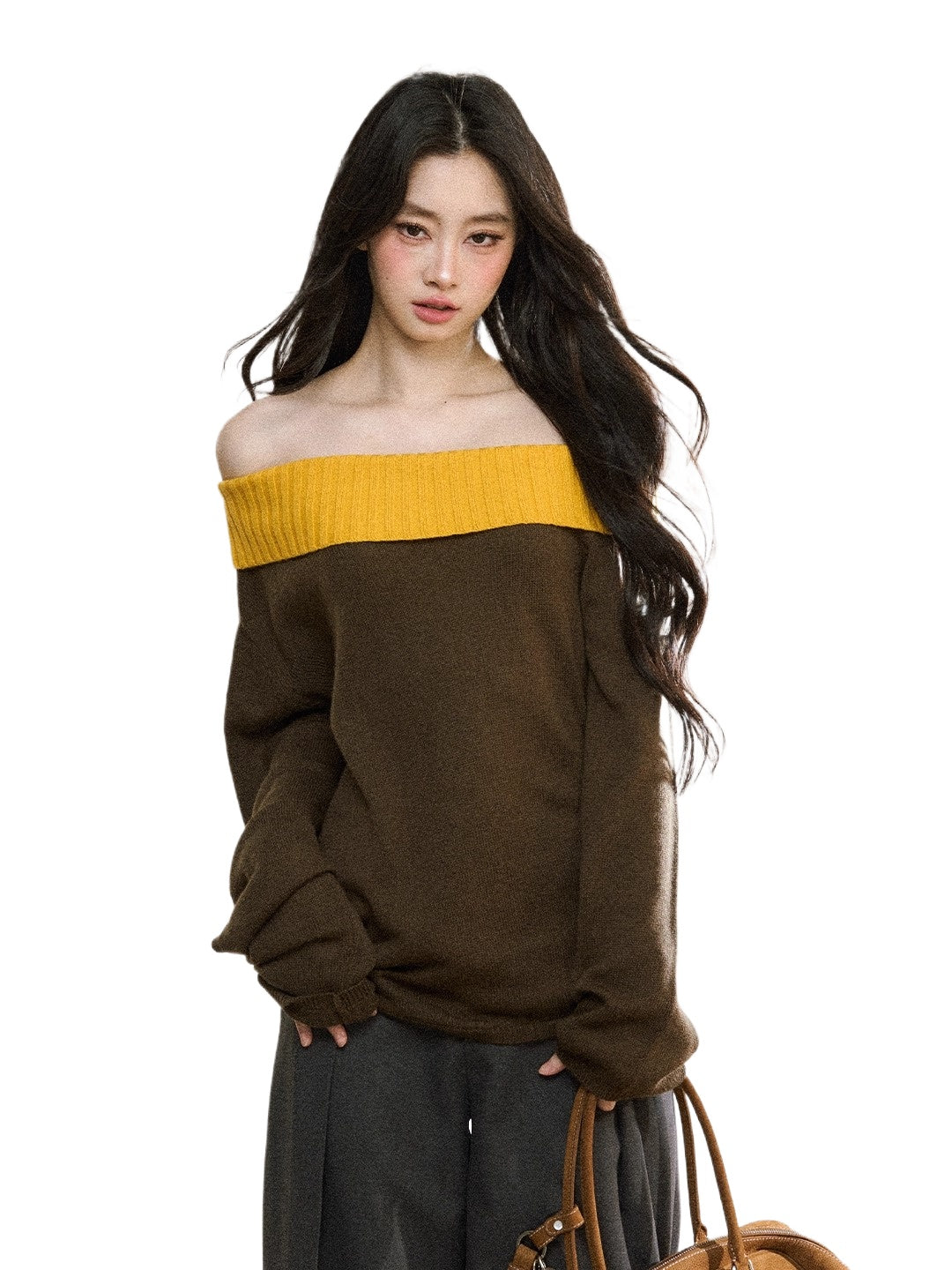 Two-Tone Asymmetric Off-Shoulder Knit Sweater