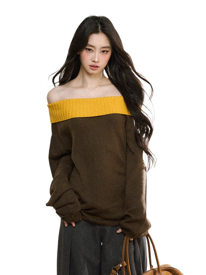 Two-Tone Asymmetric Off-Shoulder Knit Sweater
