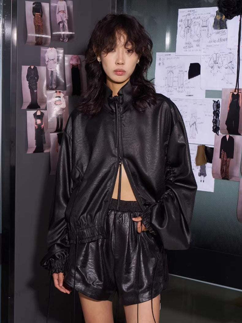 Leather-Texture Athletic Zip Jacket