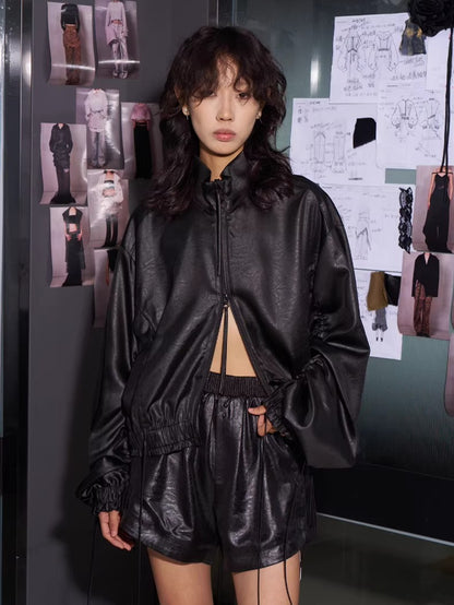 Leather-Texture Athletic Zip Jacket