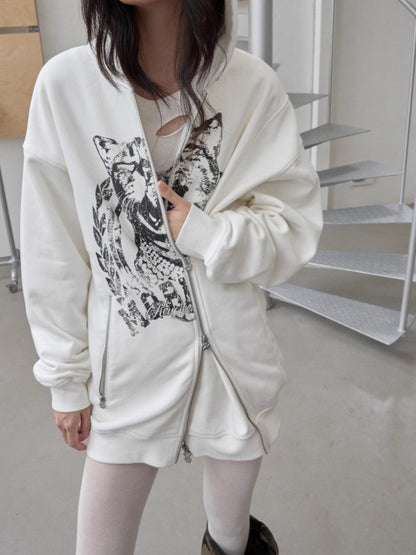 Vintage Cat &amp; Dog Print Distressed Long-Sleeve Tee - CHINASQUAD