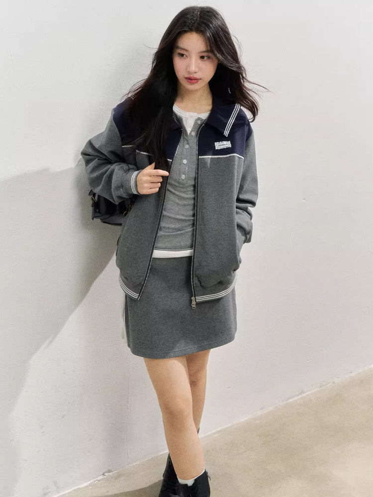 Sporty Miu-Style Color-Block Preppy Jacket &amp; Skirt Set