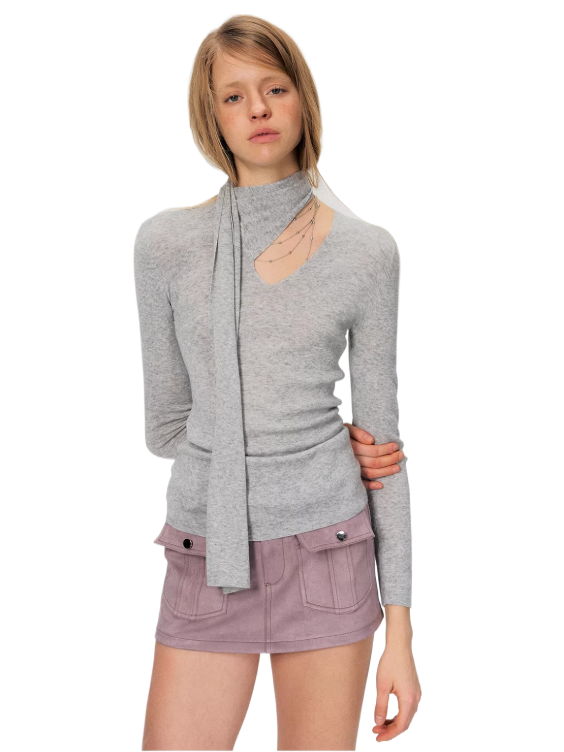 Fine Wool Blend Scarf-Neck Slim Fit Knit Top