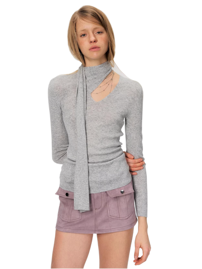 Fine Wool Blend Scarf-Neck Slim Fit Knit Top