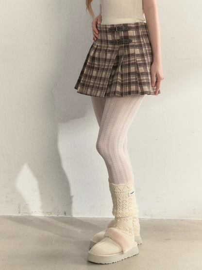 Vintage Plaid Wool Leather Buckle Pleated Skirt