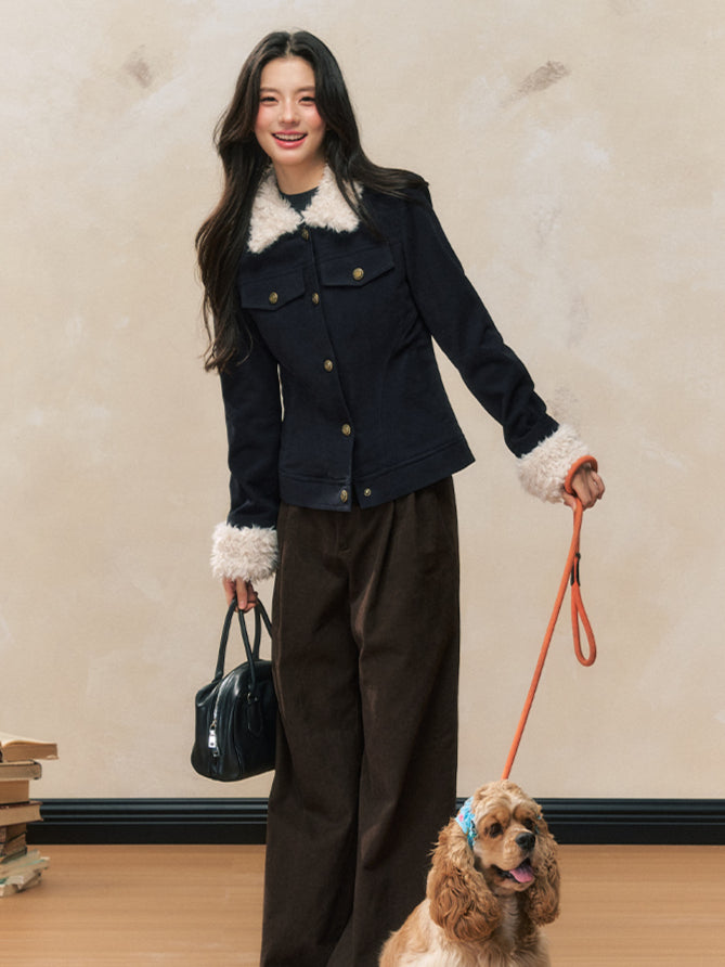 Navy Blue Fur-Collar Short Jacket