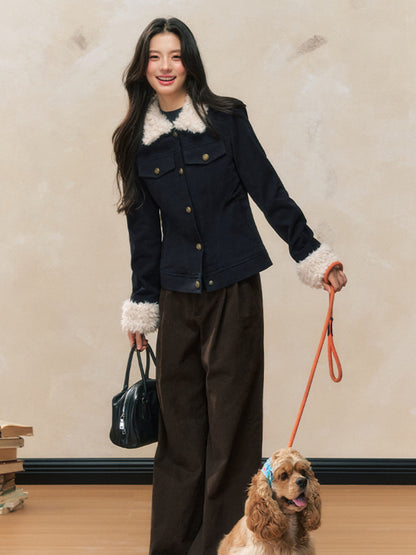 Navy Blue Fur-Collar Short Jacket