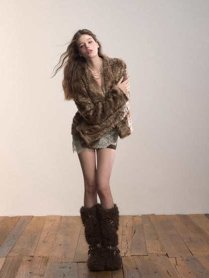 Textured Faux Fur Oversized Lapel Jacket