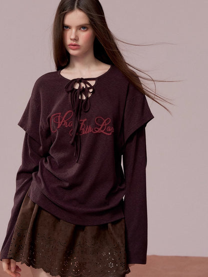 Embroidered Tie-Detail Long-Sleeve T-Shirt