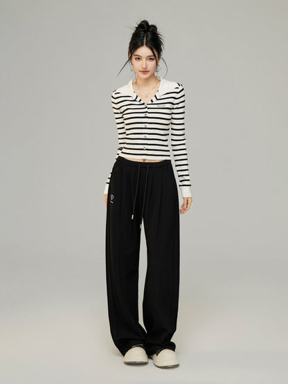 Black &amp; Off-white Knit Wide-Leg Pants