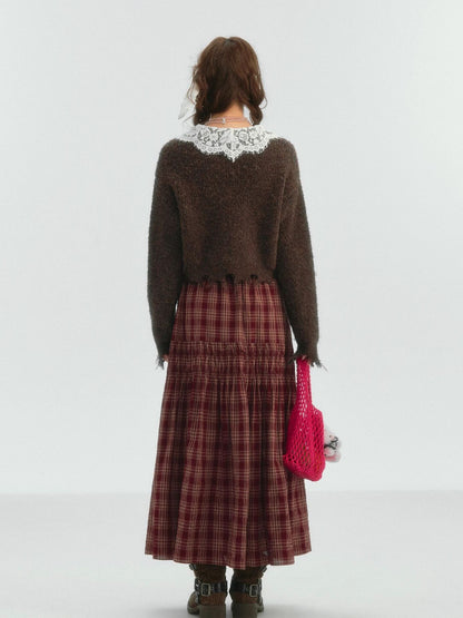 Lace Trim Drawstring Plaid Skirt