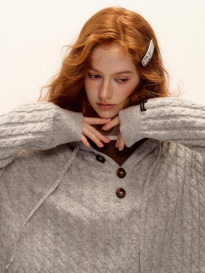 Wool Blend Cable Knit Hoodie &amp; Wide-Leg Pants Set