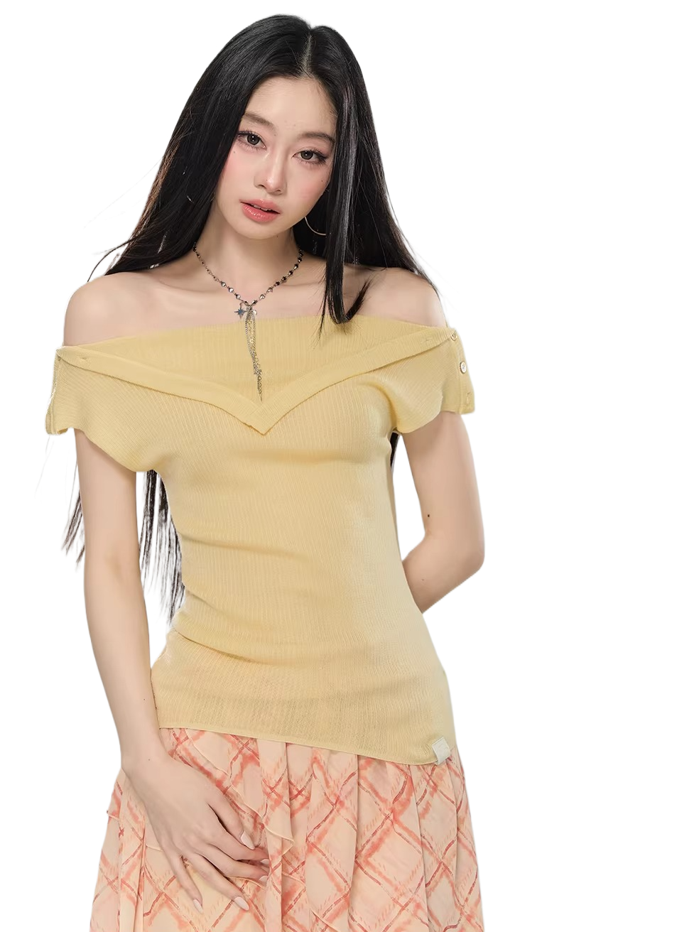 Folded Off-Shoulder Knit T-Shirt