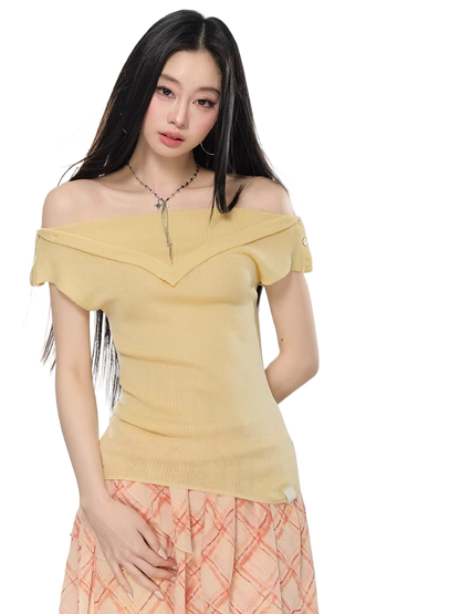 Folded Off-Shoulder Knit T-Shirt