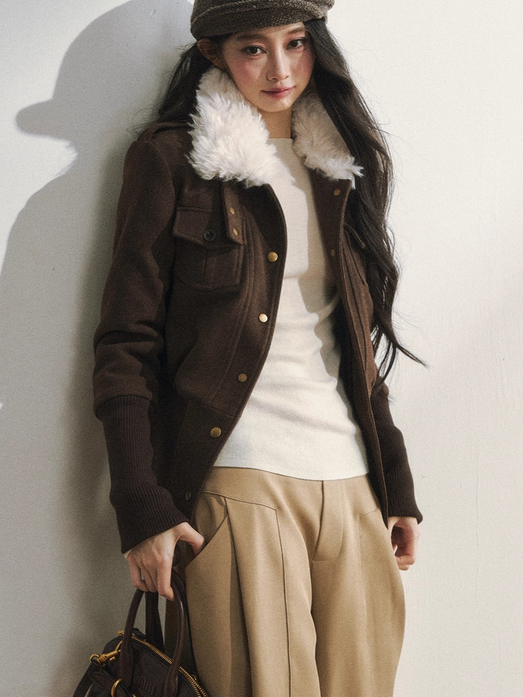 Vintage-Inspired Brown Fleece Lining Wool-Blend Jacket
