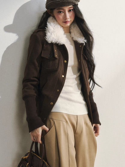 Vintage-Inspired Brown Fleece Lining Wool-Blend Jacket
